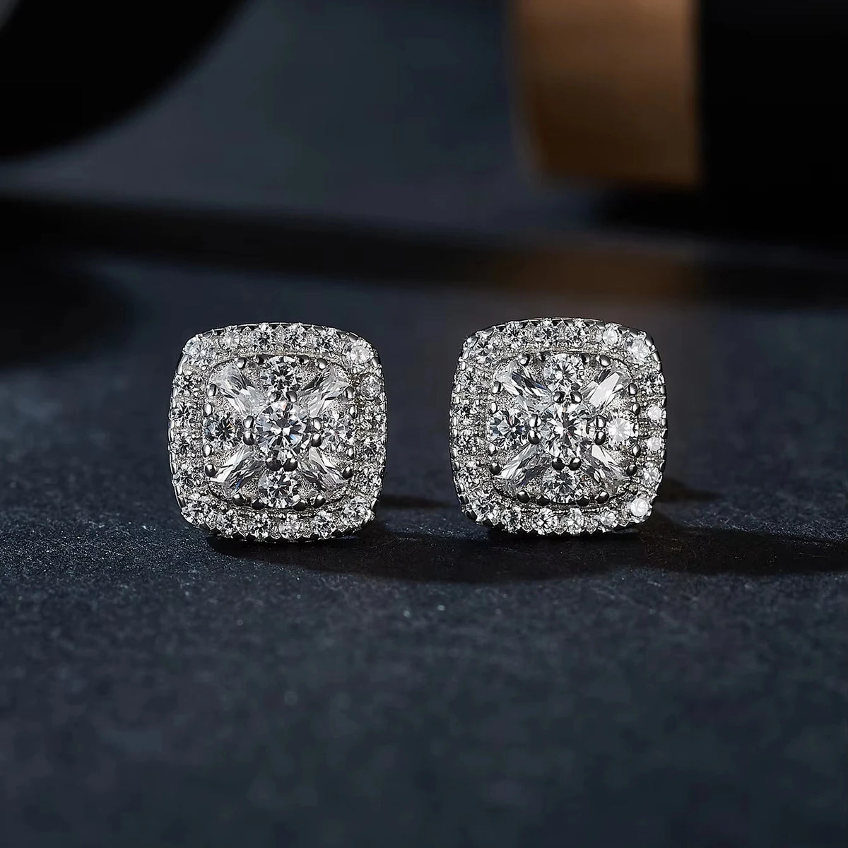 Eternally Brilliant — VVS D-Color  baguette and round Moissanite Studs in Rhodium finish  925 Sterling Silver