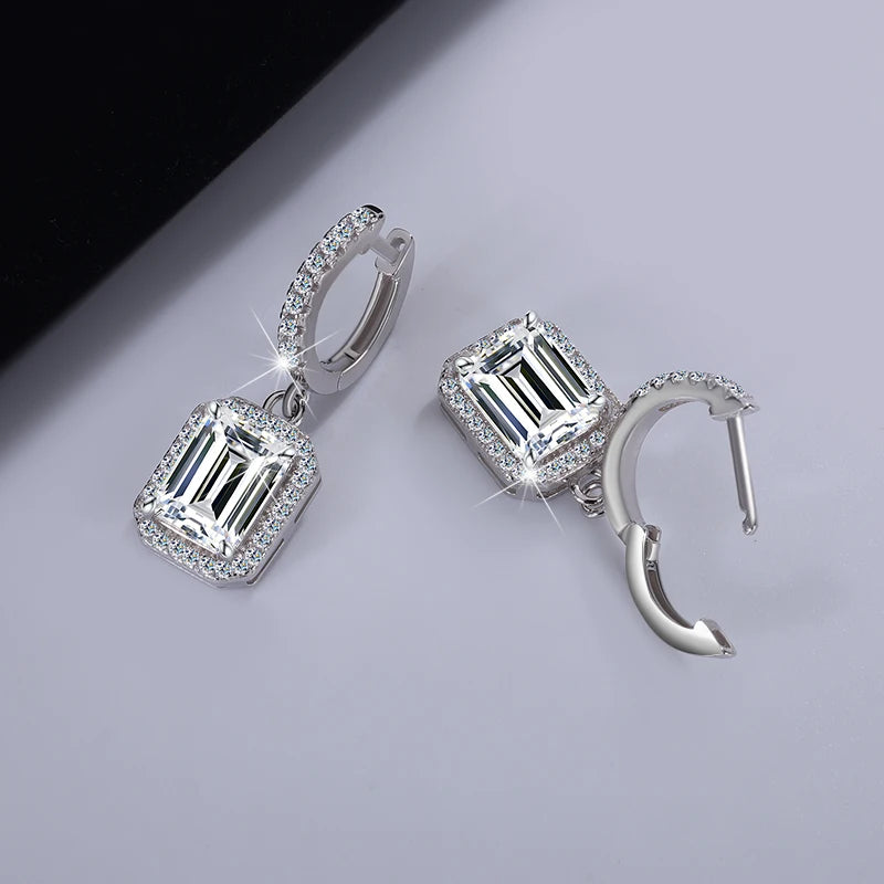 Crown-Set Radiant & Emerald Cut Moissanite Drop Earrings | Platinum-Plated 925 Sterling Silver | GRA Certified | Pantoja Fine Jewelry