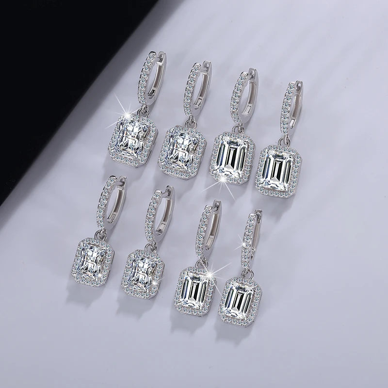 Crown-Set Radiant & Emerald Cut Moissanite Drop Earrings | Platinum-Plated 925 Sterling Silver | GRA Certified | Pantoja Fine Jewelry