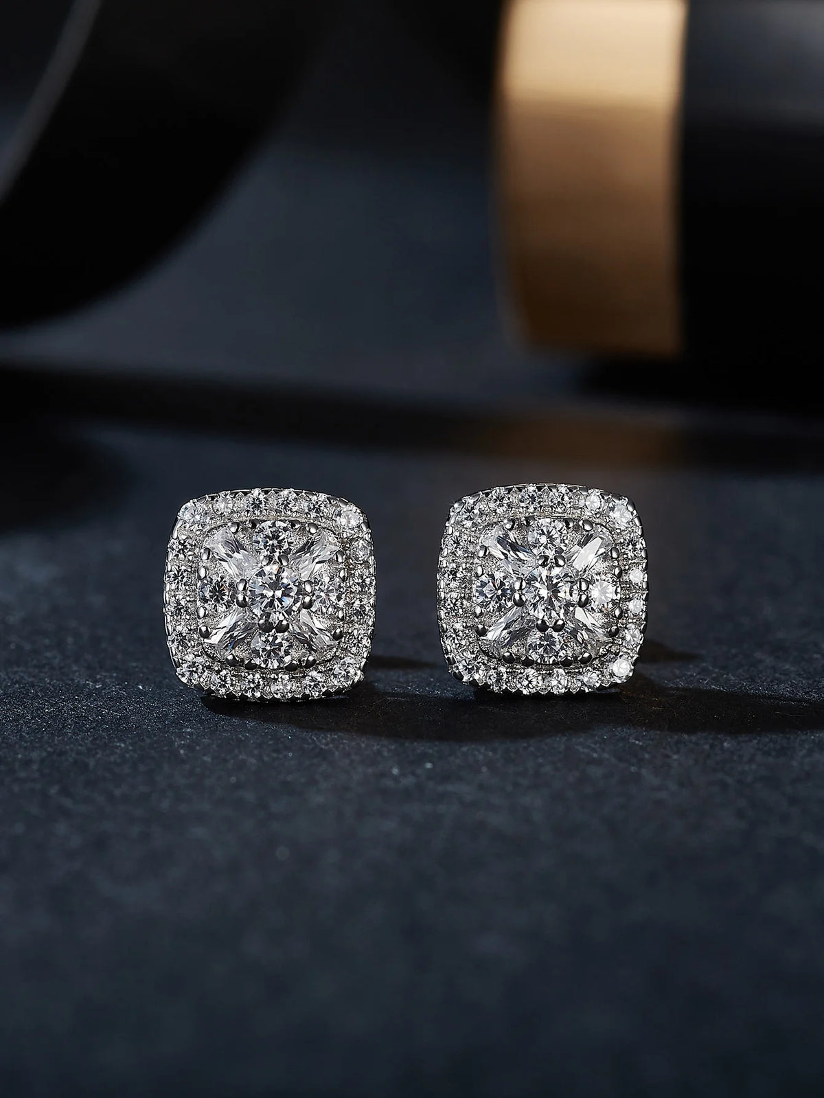 Eternally Brilliant — VVS D-Color  baguette and round Moissanite Studs in Rhodium finish  925 Sterling Silver