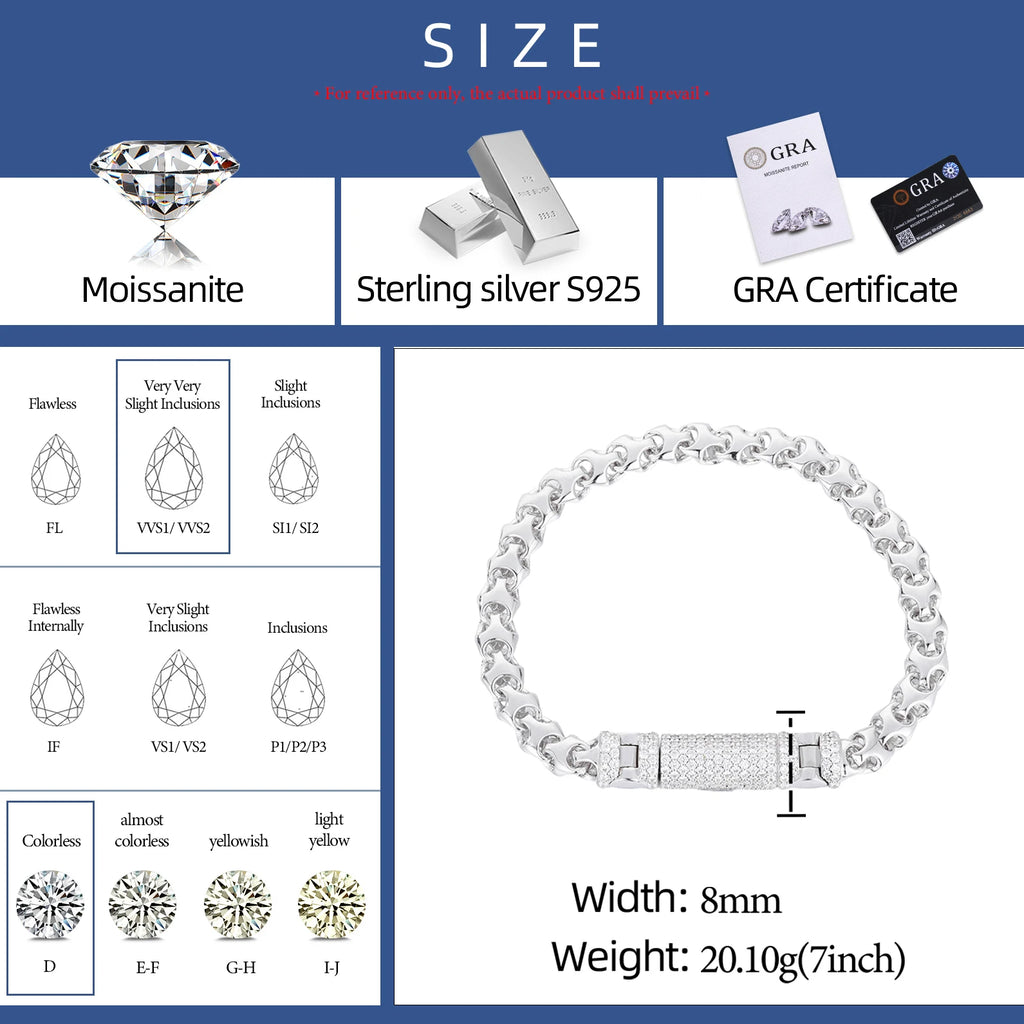 Luxury Iced Out Long Lock 8mm Gold Plated 925 Sterling Silver VVS1 Moissanite Knight Armor Link Chain Bracelet