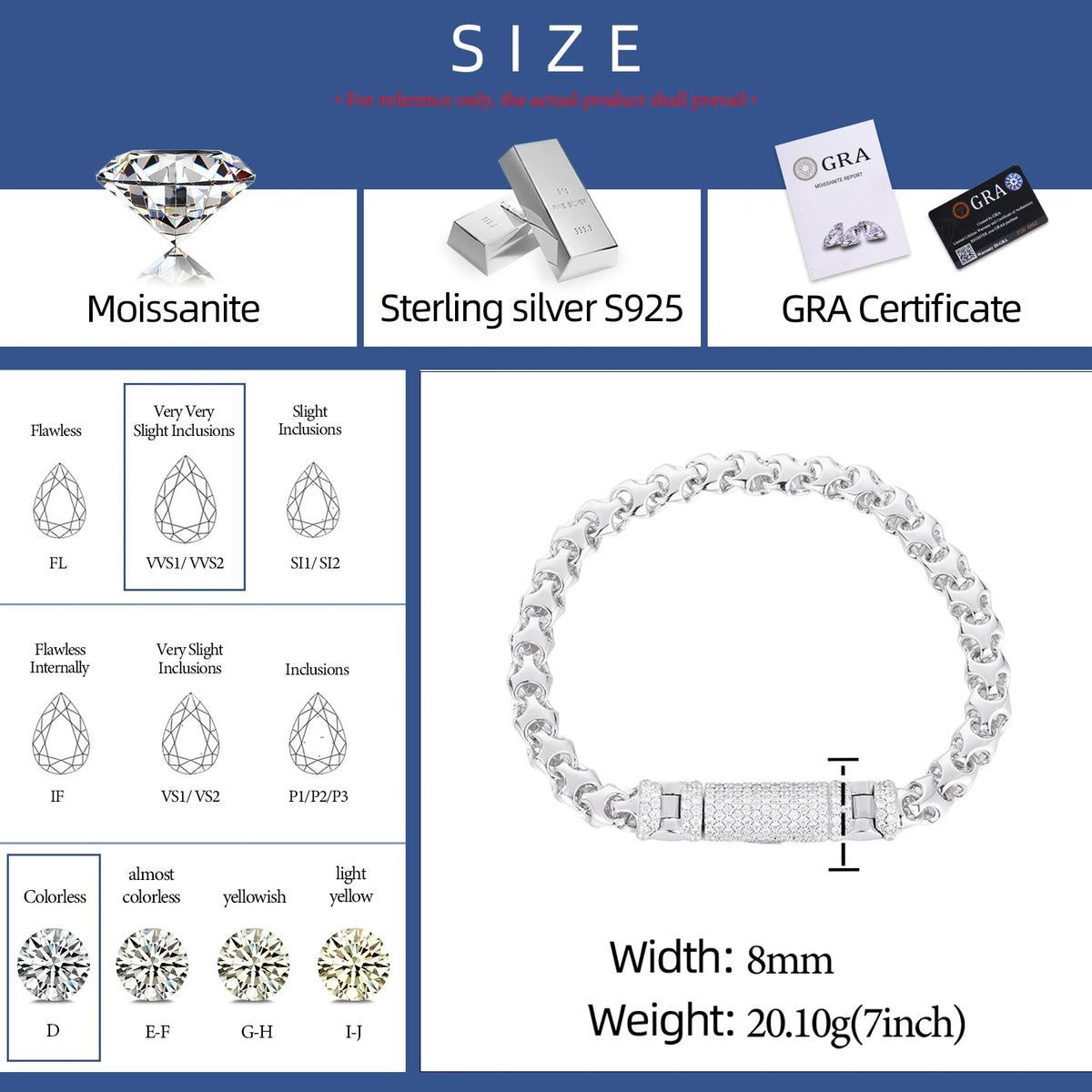 Luxury Iced Out Long Lock 8mm Gold Plated 925 Sterling Silver VVS1 Moissanite Knight Armor Link Chain Bracelet
