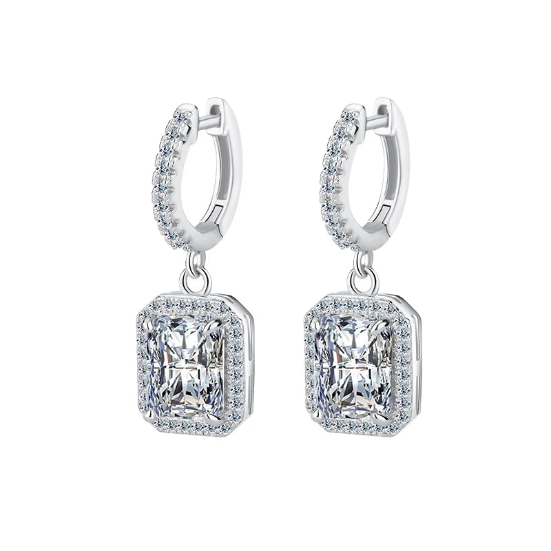 Crown-Set Radiant & Emerald Cut Moissanite Drop Earrings | Platinum-Plated 925 Sterling Silver | GRA Certified | Pantoja Fine Jewelry