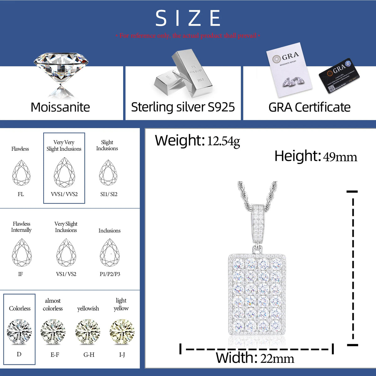 Round brilliant cut Moissanite Dog Tag Pendant in 925 Sterling Silver