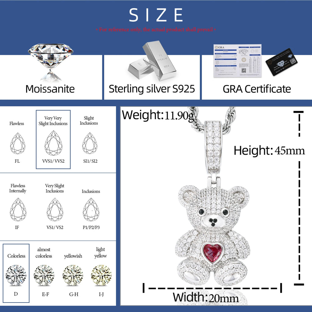 Sweetheart Teddy Bear VVS, D color Moissanite Pendant 925 sterling silver