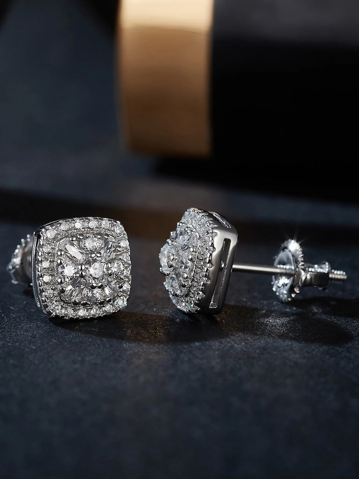 Eternally Brilliant — VVS D-Color  baguette and round Moissanite Studs in Rhodium finish  925 Sterling Silver