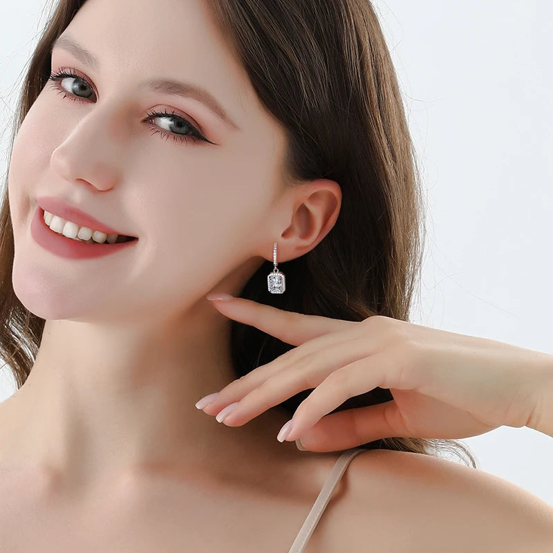Crown-Set Radiant & Emerald Cut Moissanite Drop Earrings | Platinum-Plated 925 Sterling Silver | GRA Certified | Pantoja Fine Jewelry
