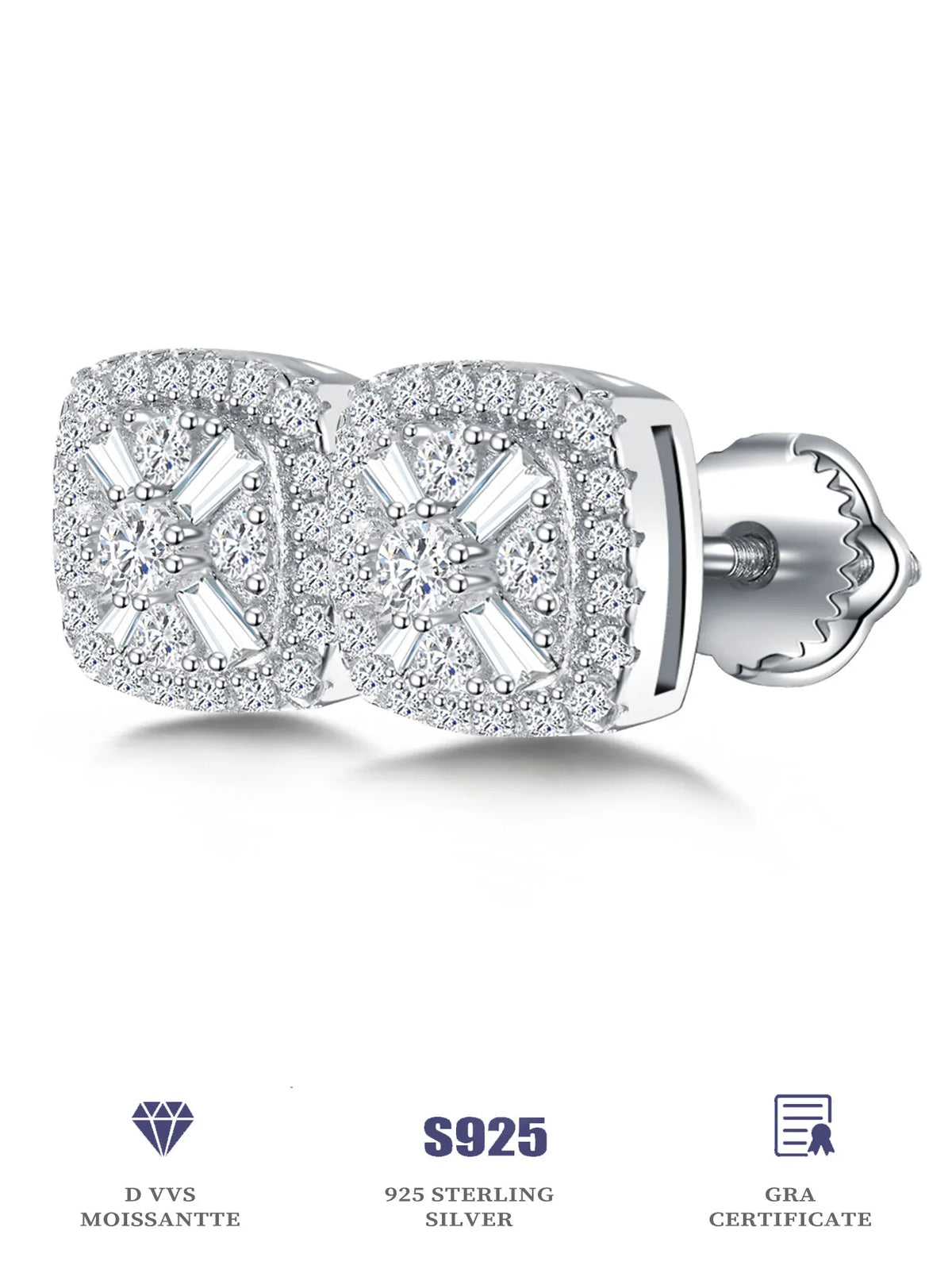 Eternally Brilliant — VVS D-Color  baguette and round Moissanite Studs in Rhodium finish  925 Sterling Silver