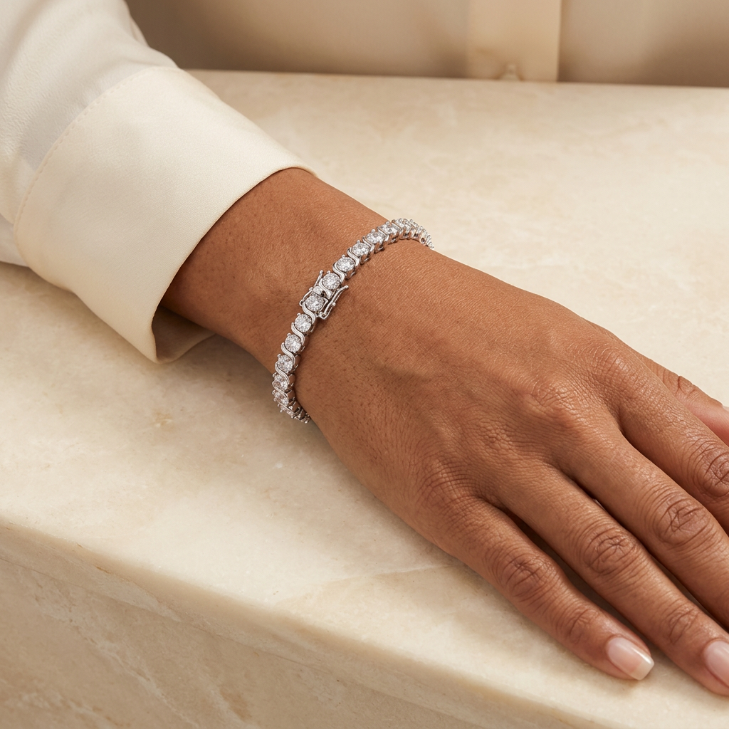 AI-generated model wearing the silver-tone 4mm Moissanite Tennis Bracelet