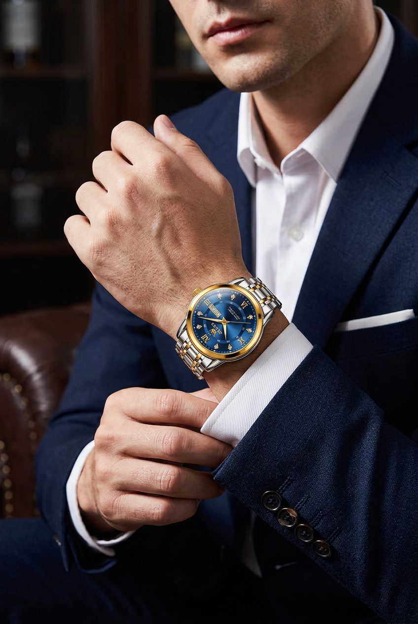 Gentleman in a tailored navy suit wearing the blue-dial, two-tone OLEVS watch in close-up