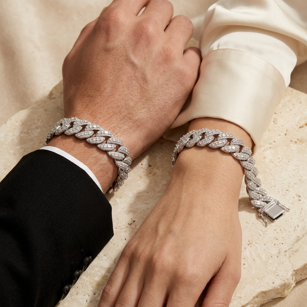AI-generated styling image of a man and woman wearing silver-tone baguette-over-round Moissanite Cuban link bracelets.