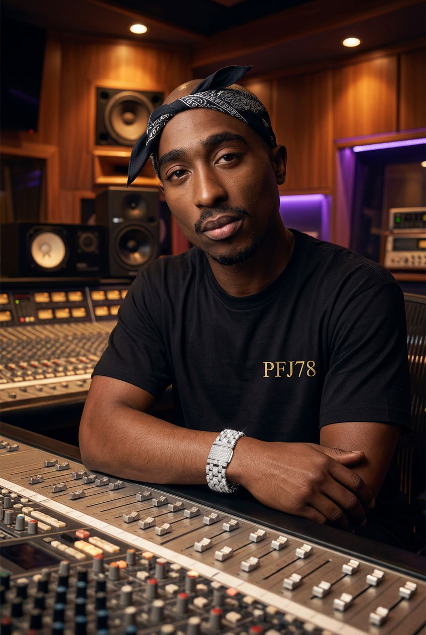 AI-imagined Tupac portrait wearing a black PFJ78 shirt with gold lettering and an iced-out bracelet in an imagined recording studio. Not a real photograph or endorsement.