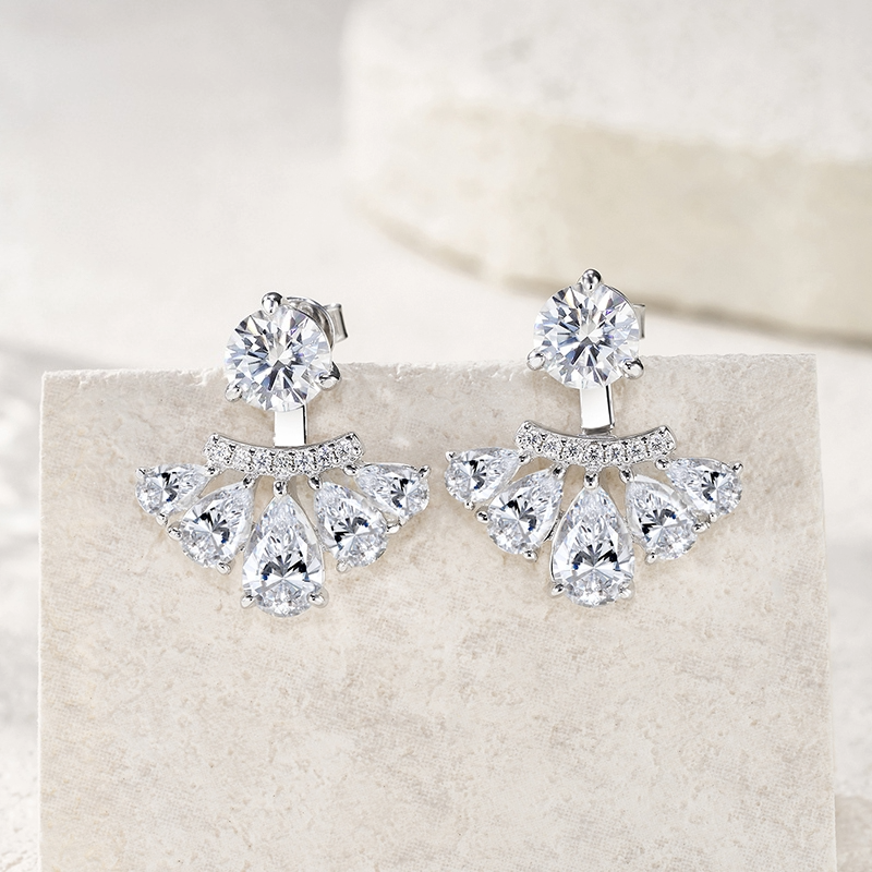 Round & Pear Cut VVS1 Moissanite Stud Earrings | 925 Sterling Silver & 18K Gold Plated | Bridal & Formal Occasion Fine Jewelry