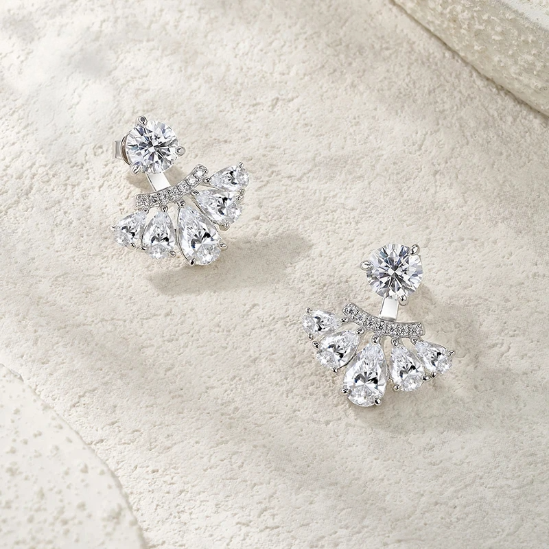 Round & Pear Cut VVS1 Moissanite Stud Earrings | 925 Sterling Silver & 18K Gold Plated | Bridal & Formal Occasion Fine Jewelry