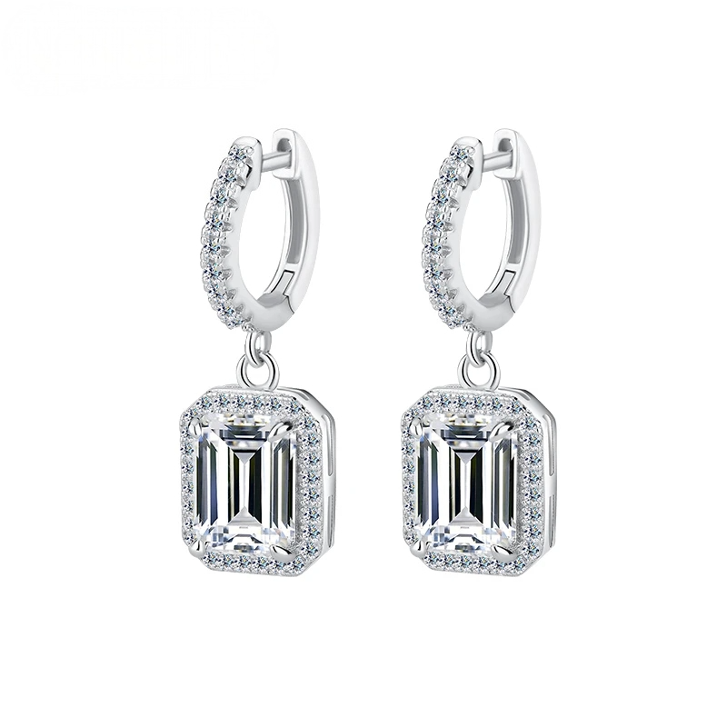 Crown-Set Radiant & Emerald Cut Moissanite Drop Earrings | Platinum-Plated 925 Sterling Silver | GRA Certified | Pantoja Fine Jewelry