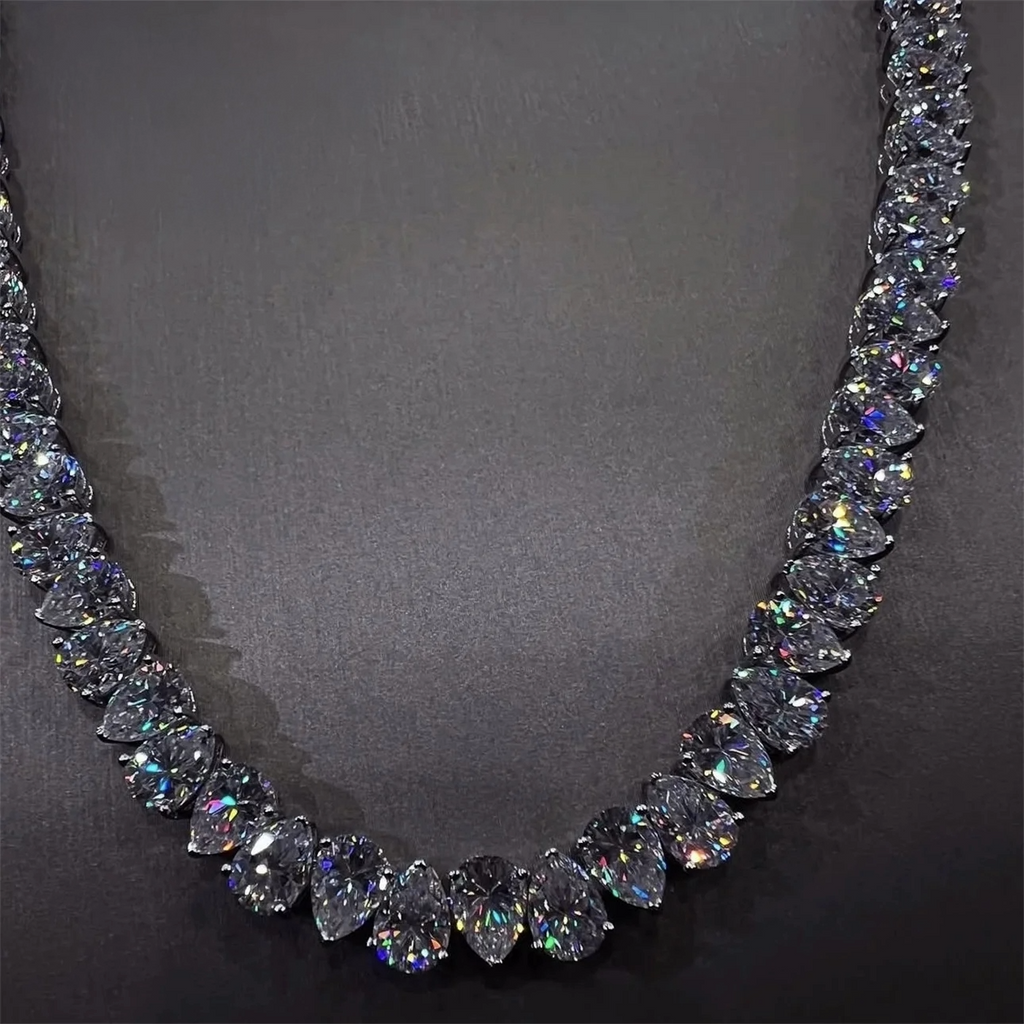 Pear-Shaped Brilliant-Cut Moissanite 925 Sterling Silver Tennis Necklace or Bracelet