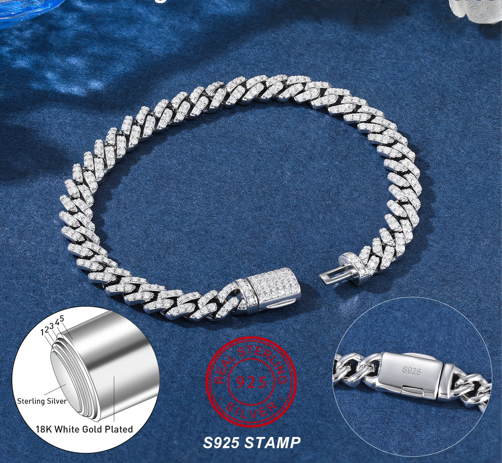 6mm Cuban Link Bracelet with VVS1 Moissanite in 925 Sterling Silver