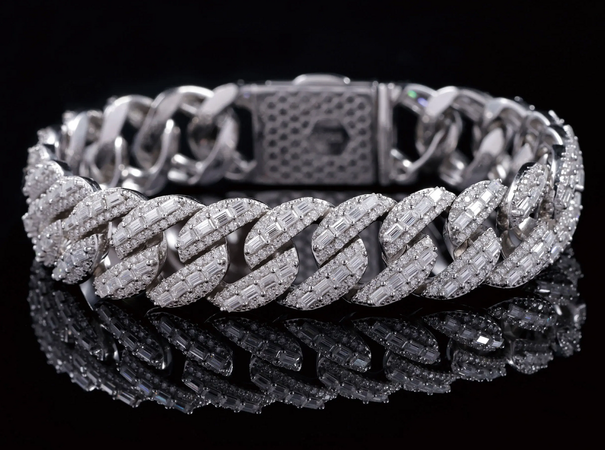 baguette layered over round VVS Moissanite 925 Sterling Silver Cuban Link Chain Bracelet  for Men /Women