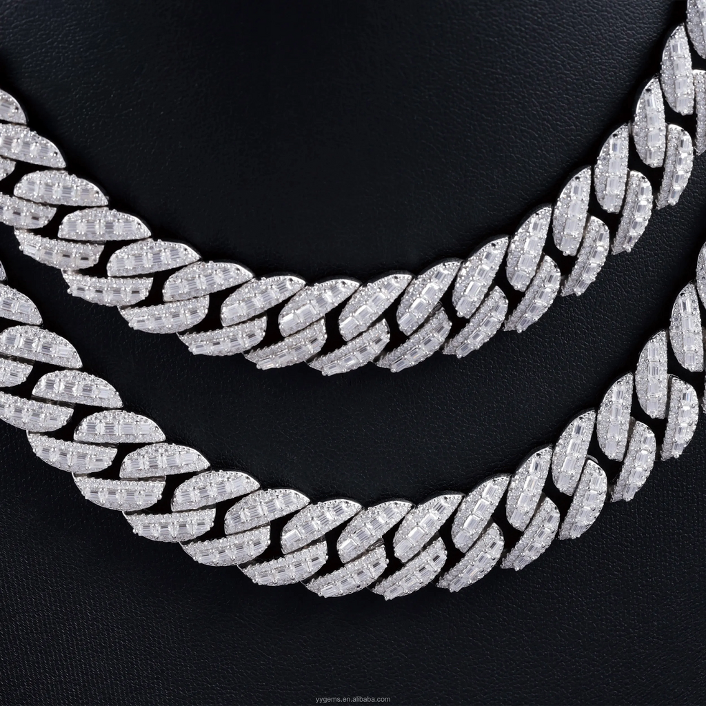 baguette layered over round VVS Moissanite 925 Sterling Silver Cuban Link Chain Bracelet  for Men /Women