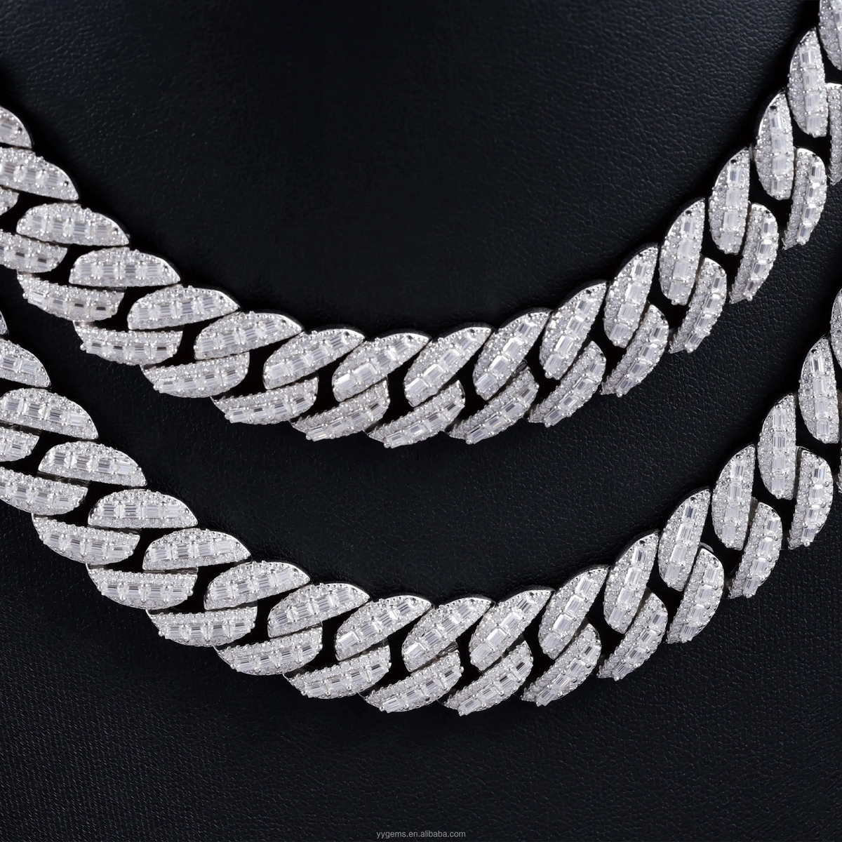 baguette layered over round VVS Moissanite 925 Sterling Silver Cuban Link Chain Bracelet  for Men /Women