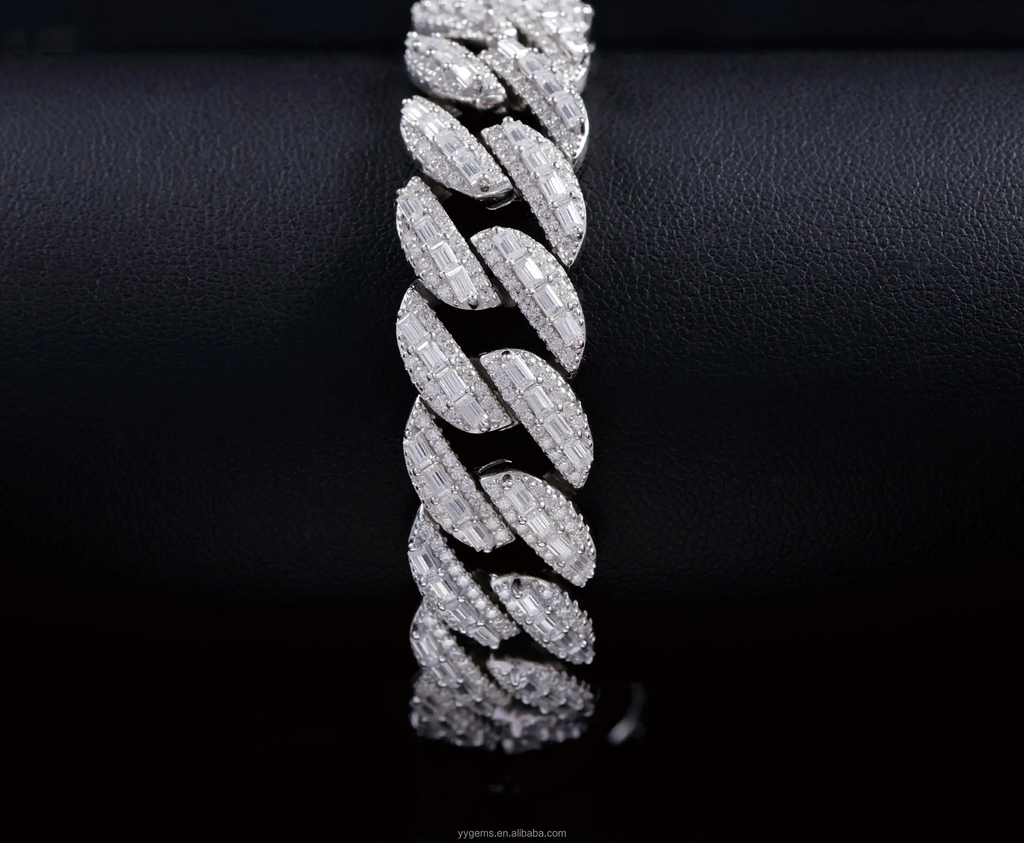 baguette layered over round VVS Moissanite 925 Sterling Silver Cuban Link Chain Bracelet  for Men /Women