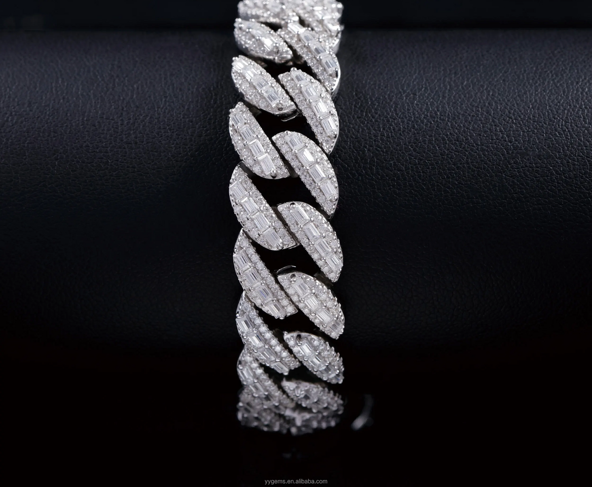 baguette layered over round VVS Moissanite 925 Sterling Silver Cuban Link Chain Bracelet  for Men /Women