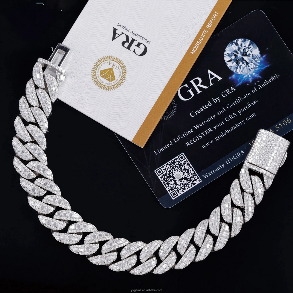 baguette layered over round VVS Moissanite 925 Sterling Silver Cuban Link Chain Bracelet  for Men /Women