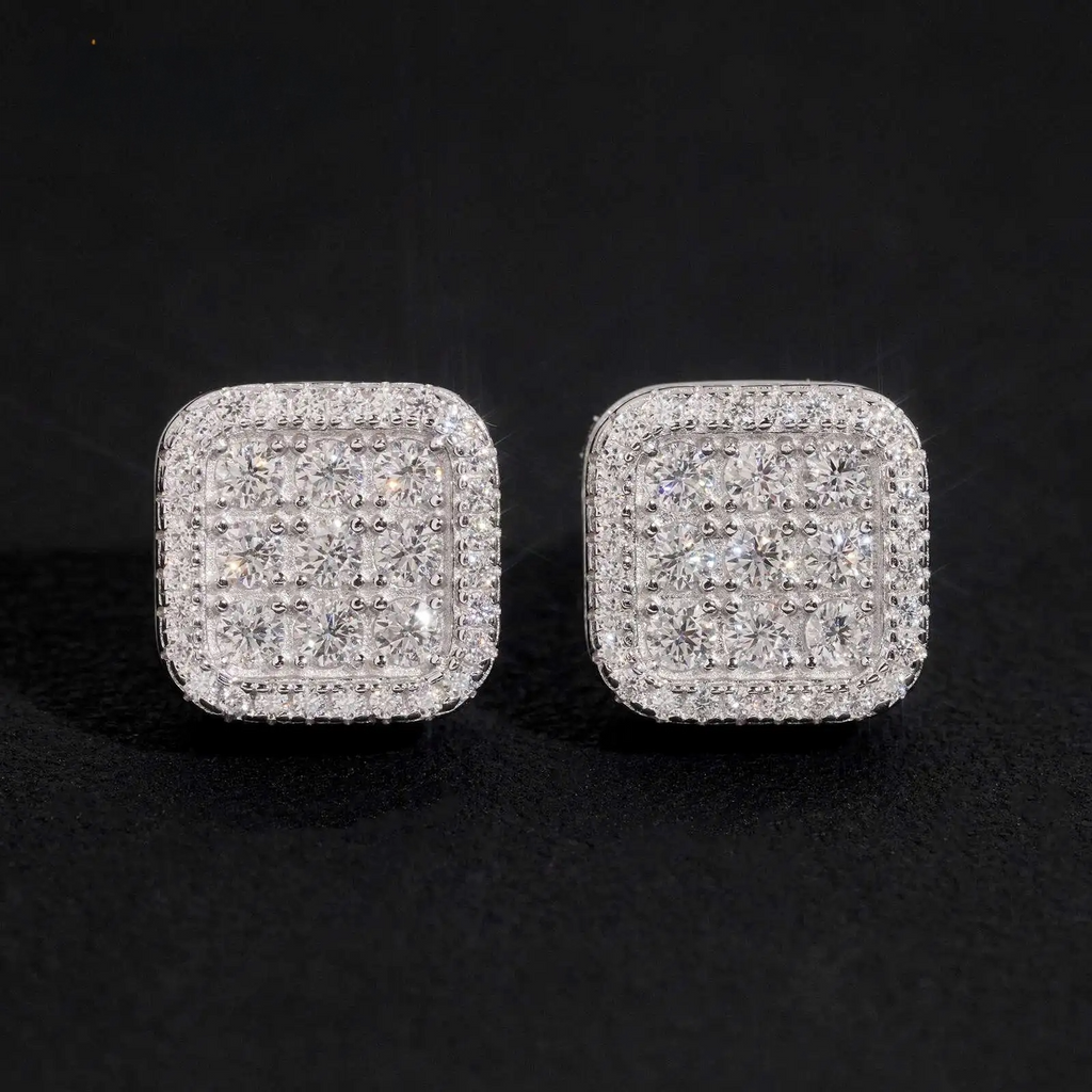 VVS Moissanite D color round brilliant cut in a square halo setting Stud Earrings | 925 Sterling Silver