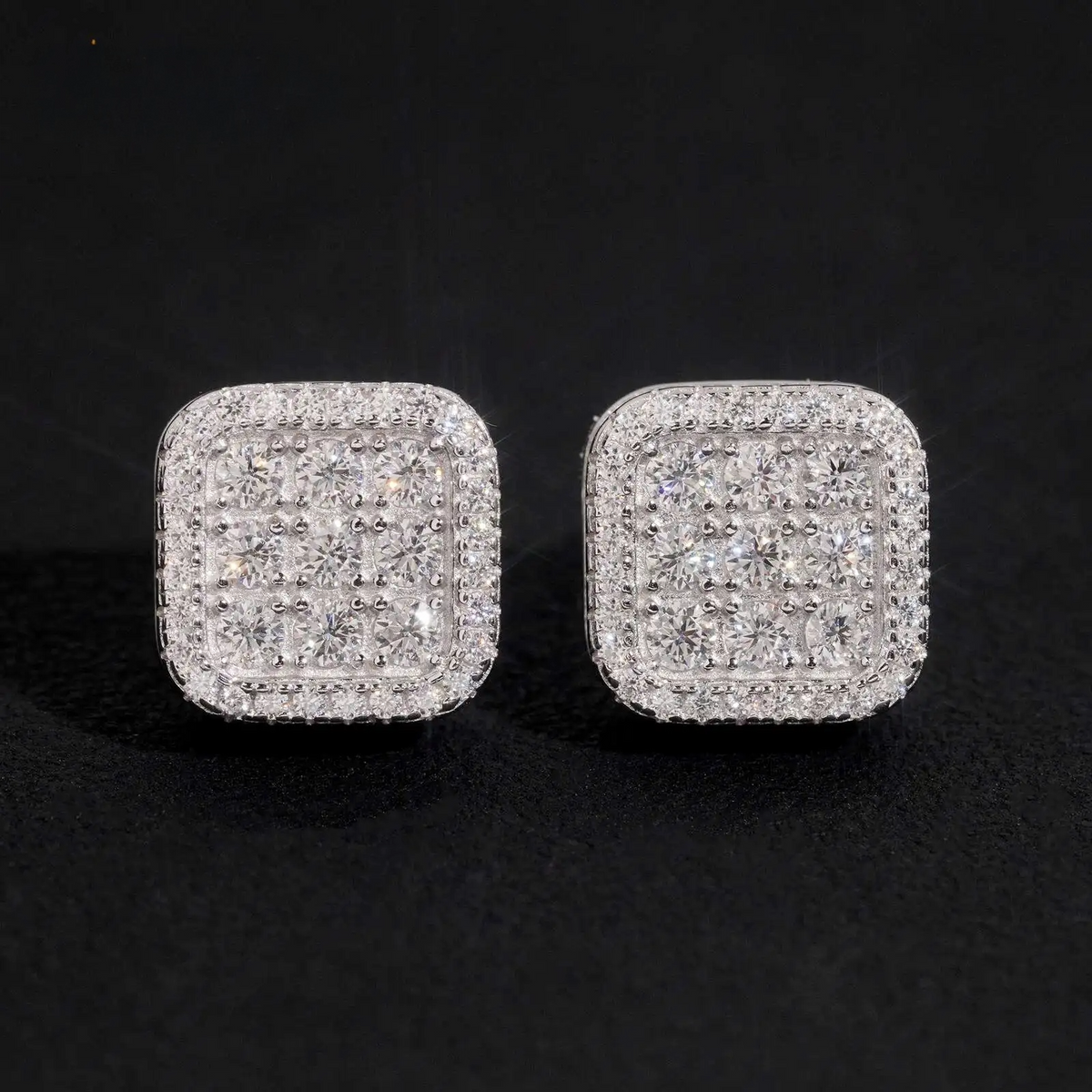 VVS Moissanite D color round brilliant cut in a square halo setting Stud Earrings | 925 Sterling Silver