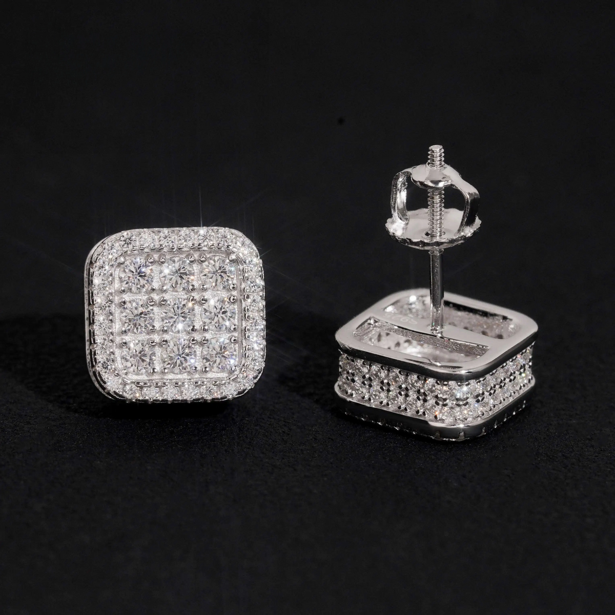 VVS Moissanite D color round brilliant cut in a square halo setting Stud Earrings | 925 Sterling Silver