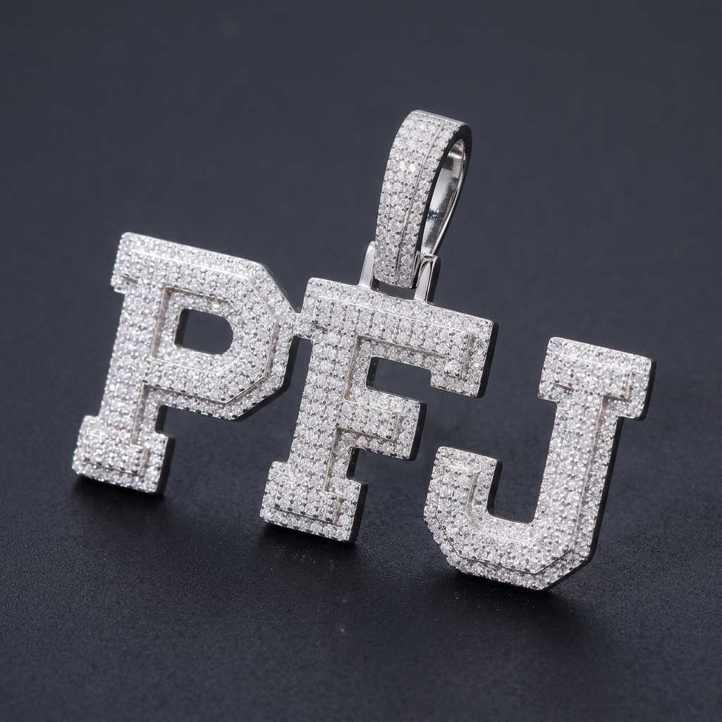 Iced out PFJ block letter moissanite pendant in 925 sterling silver, studio shot