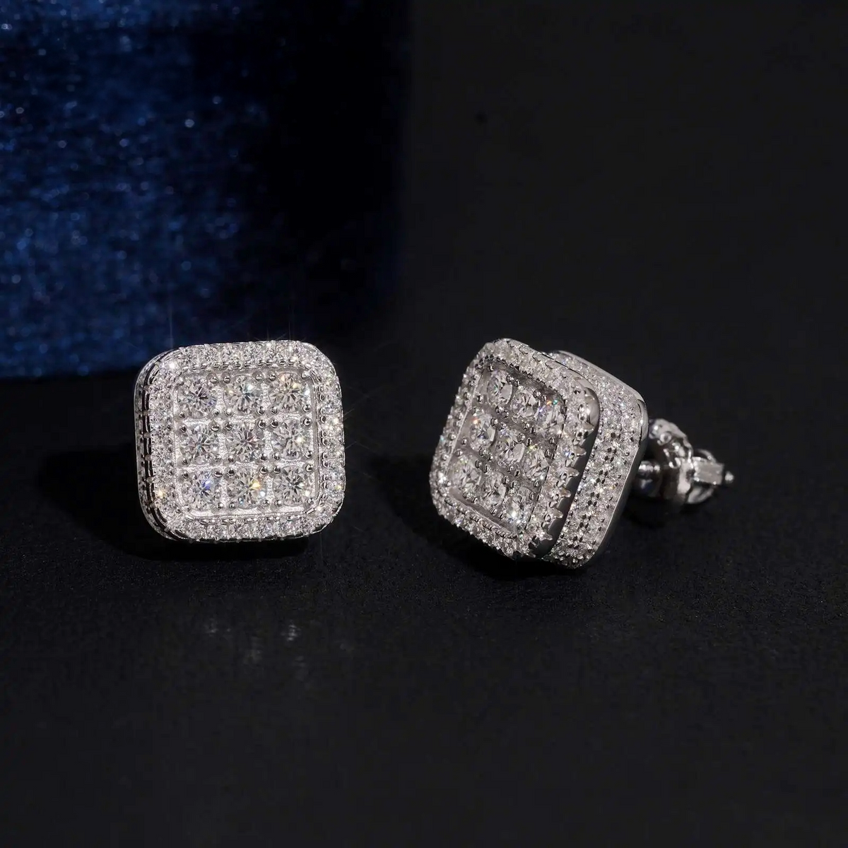 VVS Moissanite D color round brilliant cut in a square halo setting Stud Earrings | 925 Sterling Silver