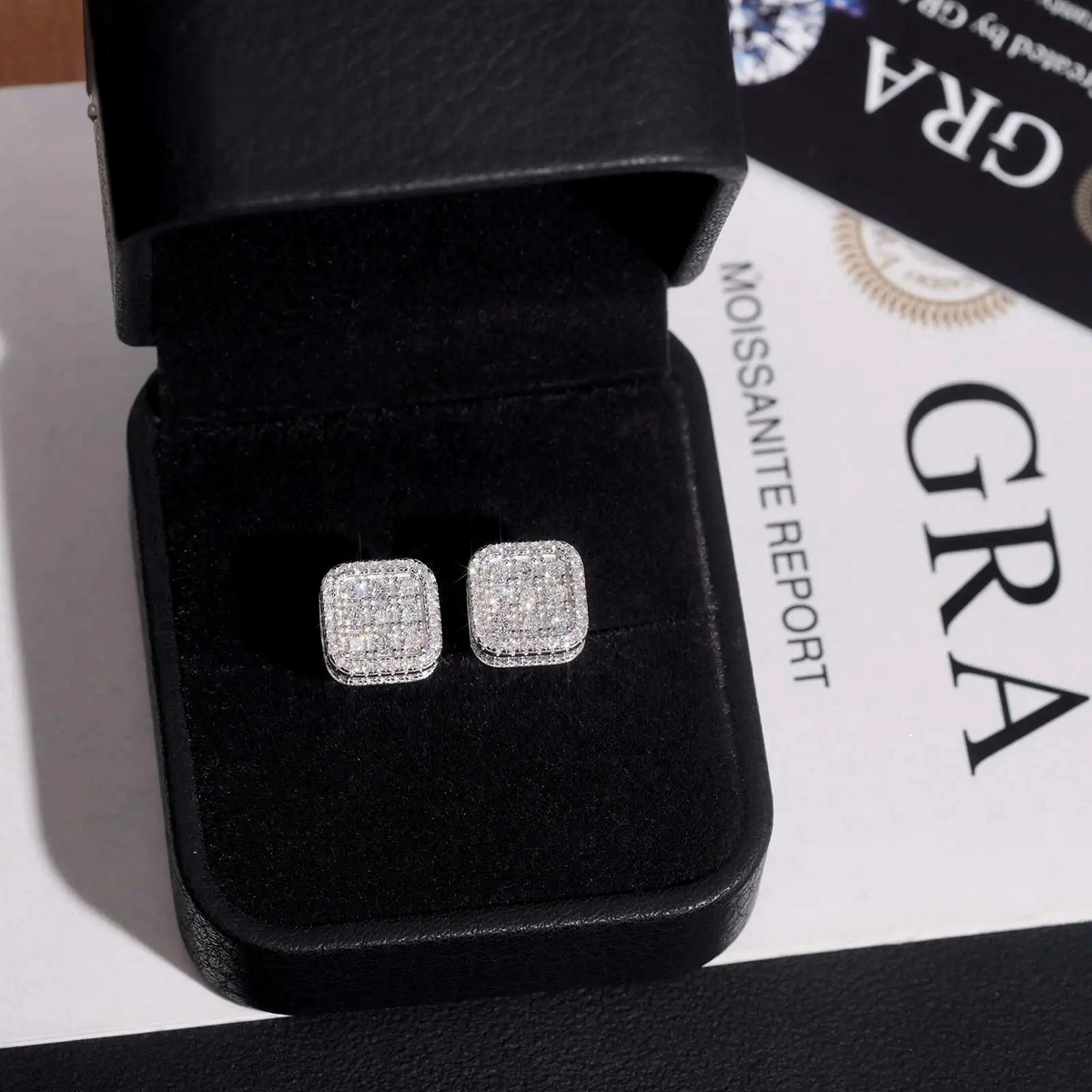 VVS Moissanite D color round brilliant cut in a square halo setting Stud Earrings | 925 Sterling Silver