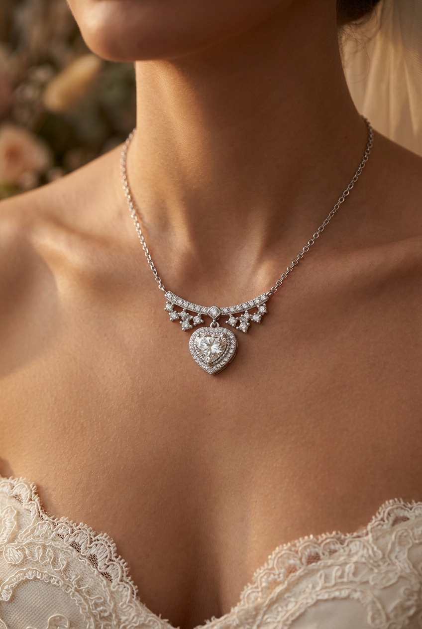 Ever After Bridal Heart 1 ct moissanite heart pendant in 925 sterling silver worn by a bride, collarbone close-up, warm natural light