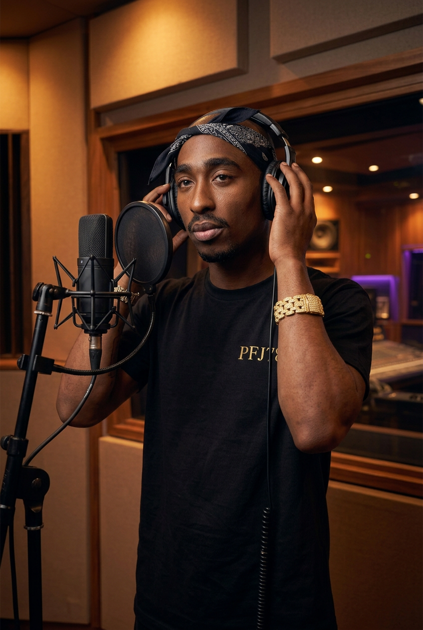AI-imagined portrait of Tupac in a recording booth wearing a black shirt with gold PFJ78 lettering and a gold-tone iced-out bracelet. Not a real photograph or endorsement.