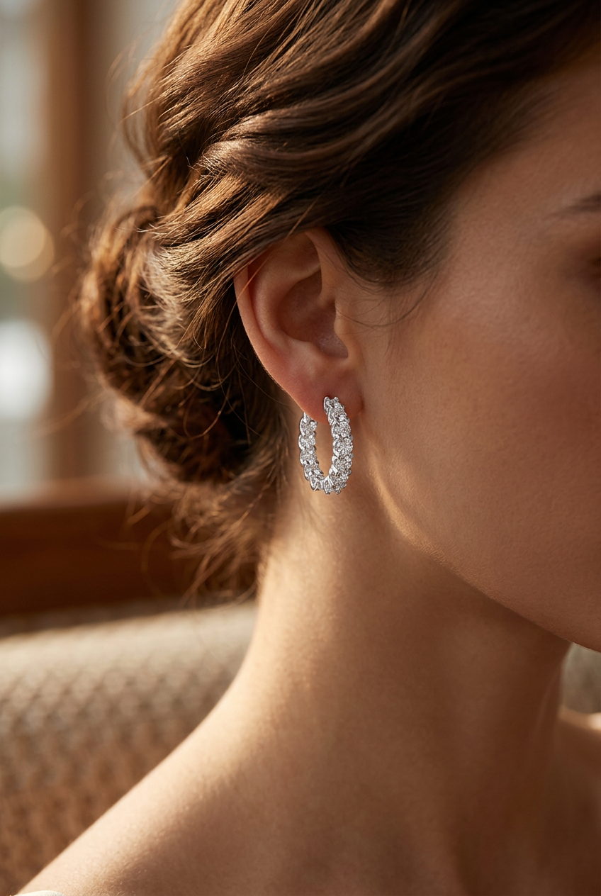 2.6 ct moissanite pave hoop earrings in sterling silver worn by a woman with hair swept up, close-up, warm natural light