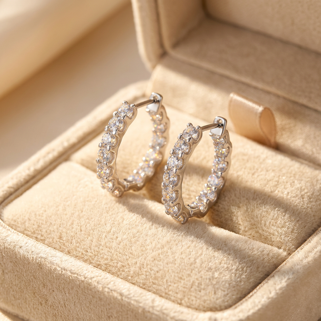 2.6 ct moissanite pave hoop earrings in sterling silver presented in an open velvet gift box