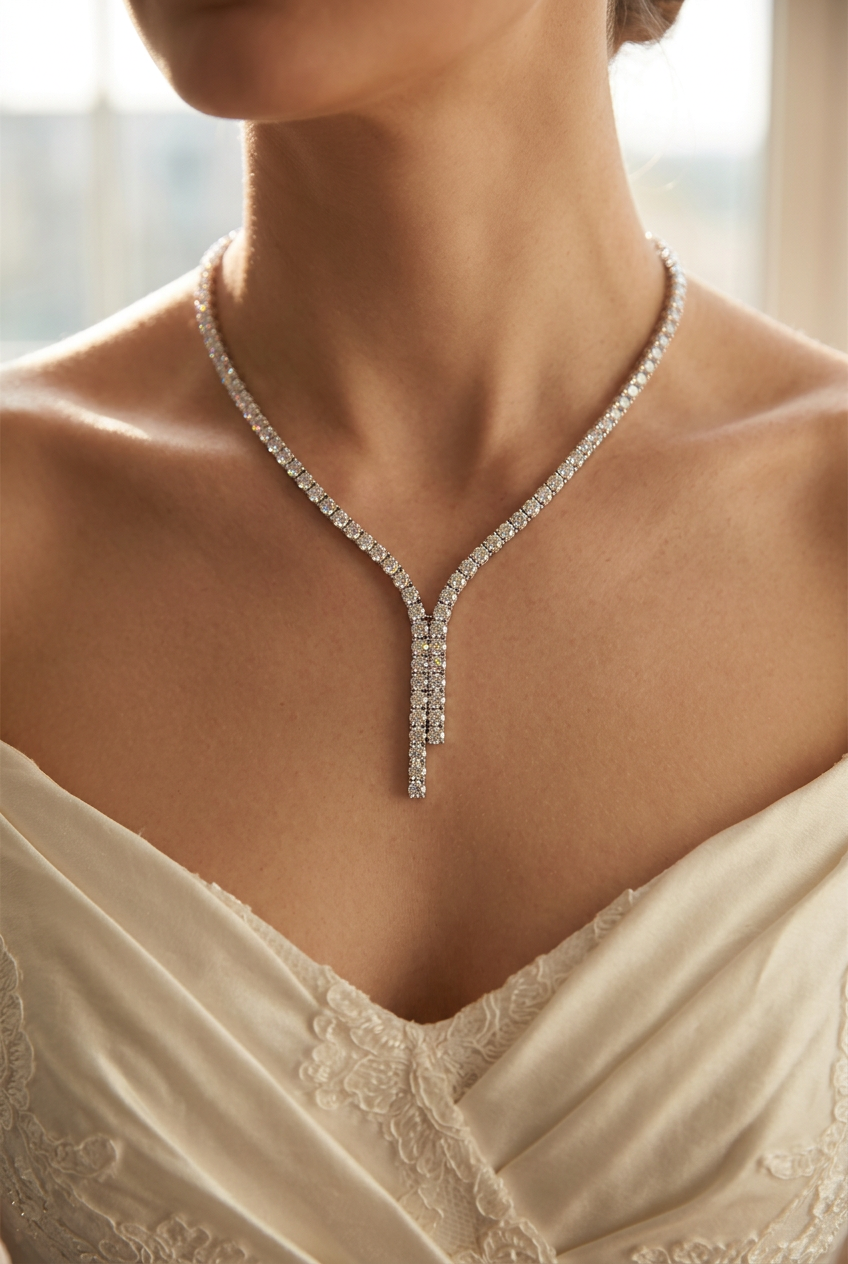 Bridal 4mm VVS moissanite tennis chain necklace in 925 sterling silver worn by a bride, close-up at the collarbone, warm natural light