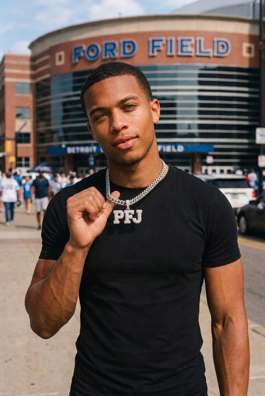 Model in an urban pose wearing the iced out PFJ block letter pendant on a slim 9mm Cuban chain in front of Ford Field