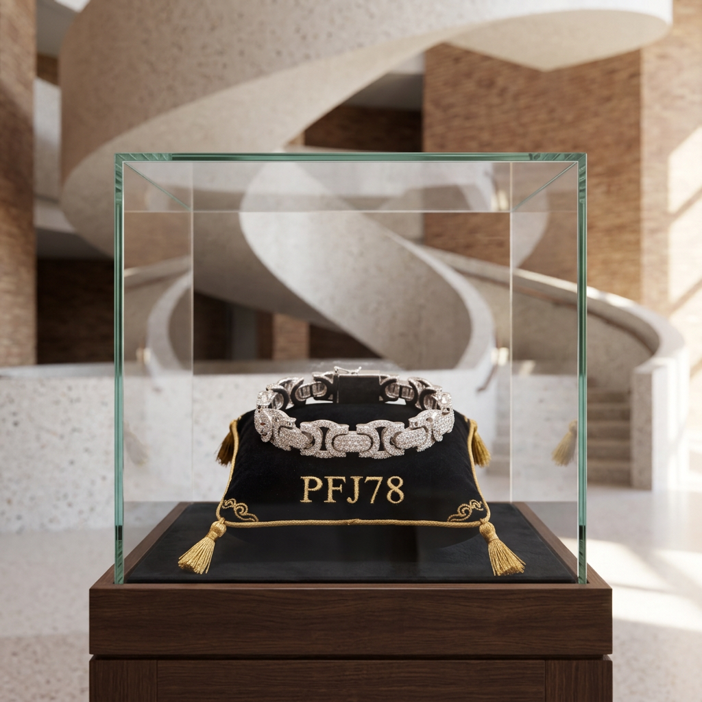 AI-generated styling image of a moissanite link bracelet on a black-and-gold PFJ78 pillow inside a glass case in a museum-inspired interior.