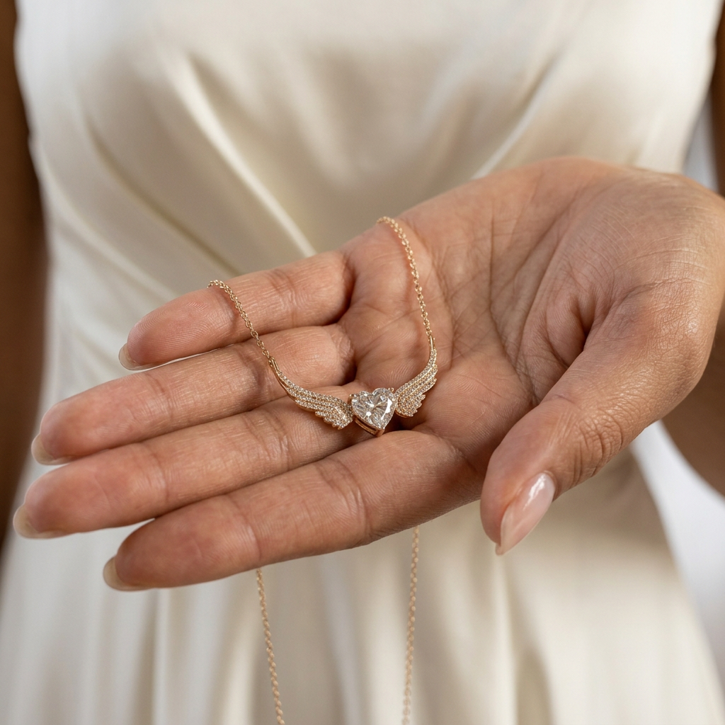 AI-generated bridal styling close-up of the Celestial Bride heart-and-wing necklace resting in the bride’s hand.