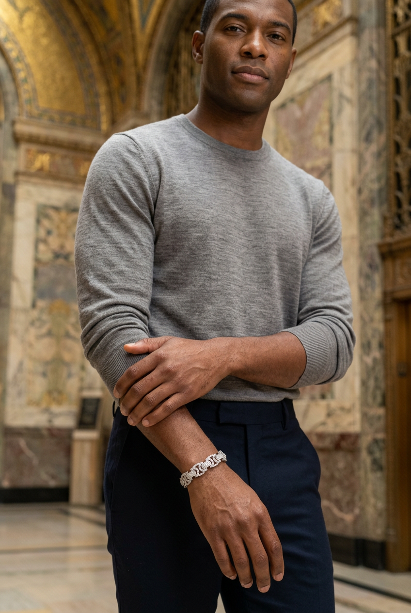 AI-generated styling portrait of a casually dressed Black man wearing a silver-tone moissanite link bracelet in an interior inspired by Detroit’s Fisher Building lobby.
