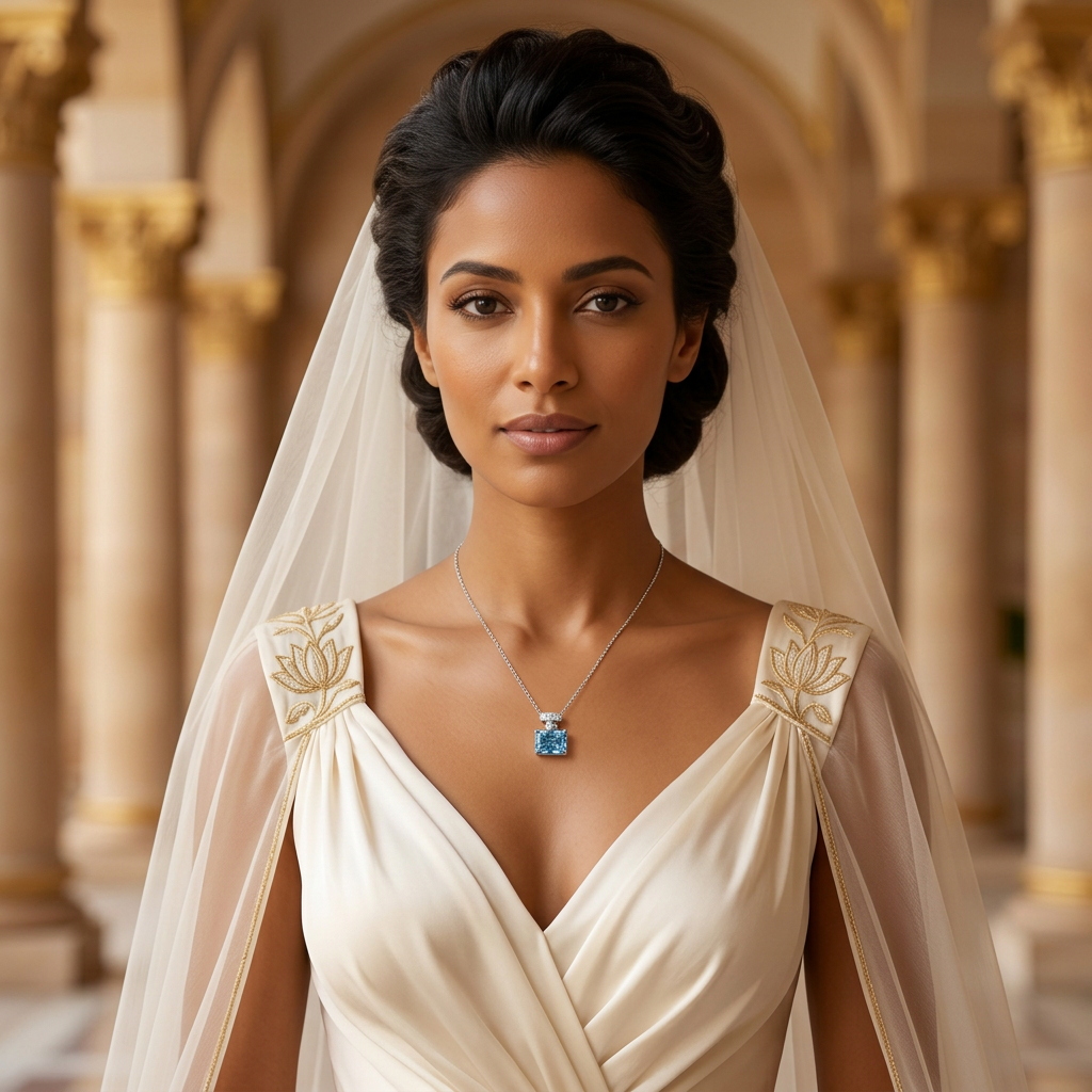 AI-generated styling image of an Egyptian woman in an ivory and gold wedding dress wearing a blue perfume-bottle pendant inside a palace.