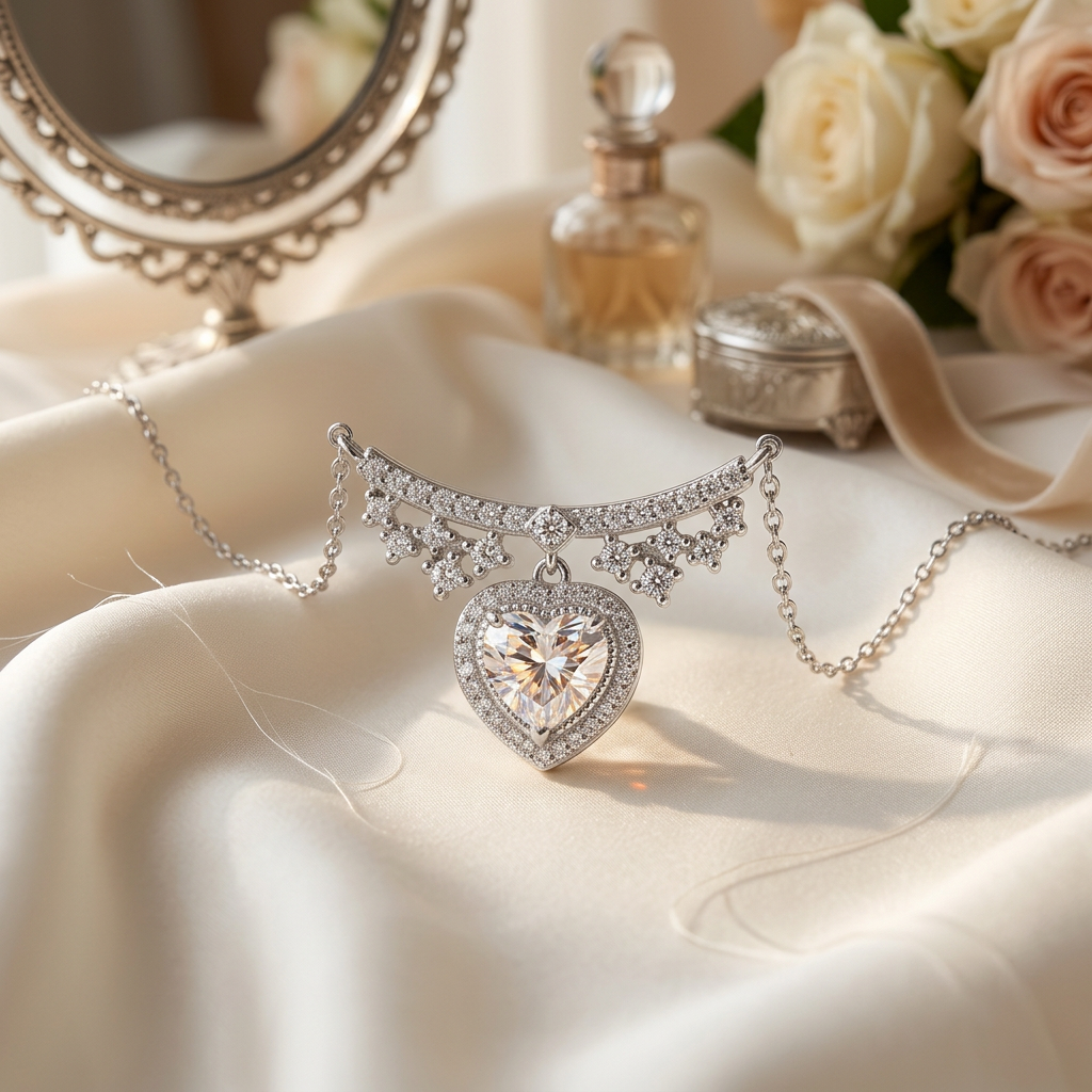 Ever After Bridal Heart 1 ct moissanite heart pendant in 925 sterling silver resting on ivory silk, luxury bridal flat-lay