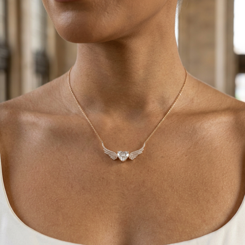 AI-generated bridal neckline close-up featuring the Celestial Bride heart-and-wing pendant necklace.