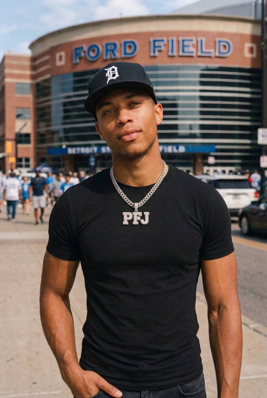 Model wearing an Old English D baseball cap and the PFJ block letter pendant on a slim Cuban chain in front of Ford Field