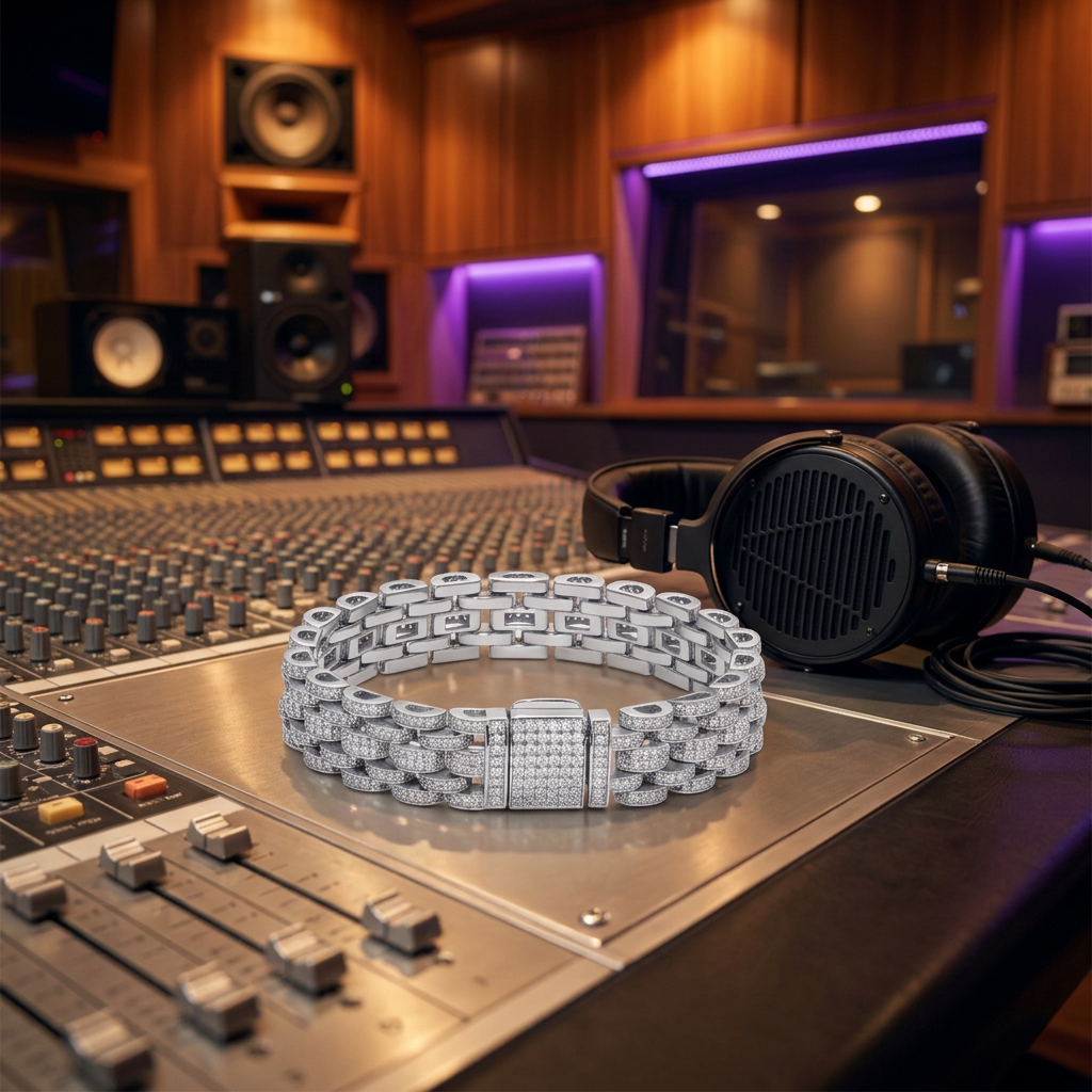 Silver bracelet on a mixing board beside black headphones in the matching studio setting